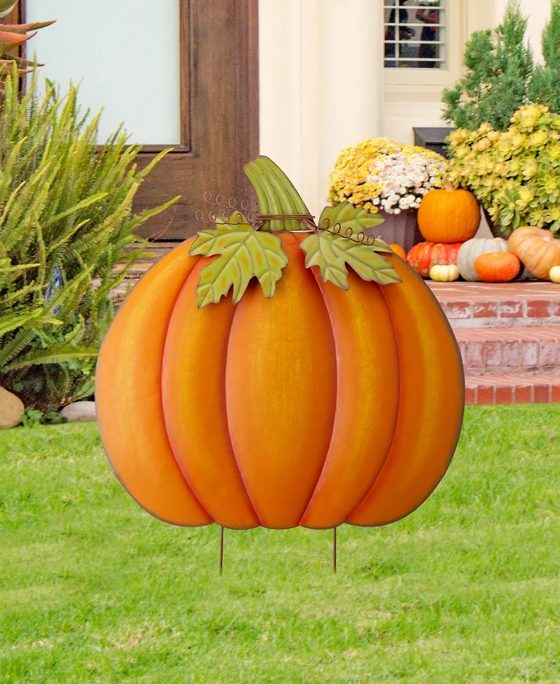 Glitzhome 37.5"H Fall Oversized Metal Pumpkin Yard Stake or Wall Decor