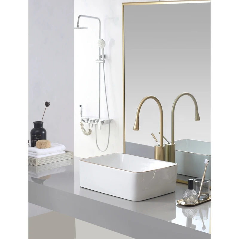 Simplie Fun White with gold trim Vessel Bathroom Sink Basin in White Ceramic Single Basin Ceramic Farmhouse Kitchen Sink with Basket Strainer