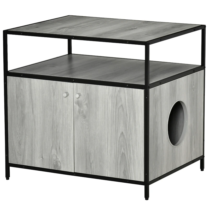 Wooden Cat Litter Box Enclosure, Hidden Kitten Washroom, Indoor End Table with Magnetic Doors & Storage Shelves, Gray