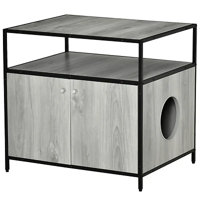 Wooden Cat Litter Box Enclosure, Hidden Kitten Washroom, Indoor End Table with Magnetic Doors & Storage Shelves, Gray