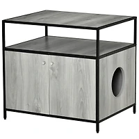 Wooden Cat Litter Box Enclosure, Hidden Kitten Washroom, Indoor End Table with Magnetic Doors & Storage Shelves, Gray