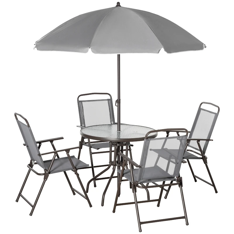 6 Piece Patio Dining Set for 4 with Umbrella, Outdoor Table and Chairs with 4 Folding Dining Chairs & Round Glass Table for Garden, Backyard and Pools