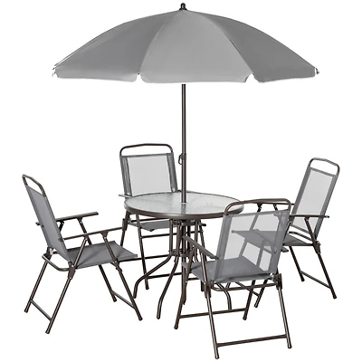 6 Piece Patio Dining Set for 4 with Umbrella, Outdoor Table and Chairs with 4 Folding Dining Chairs & Round Glass Table for Garden, Backyard and Pools