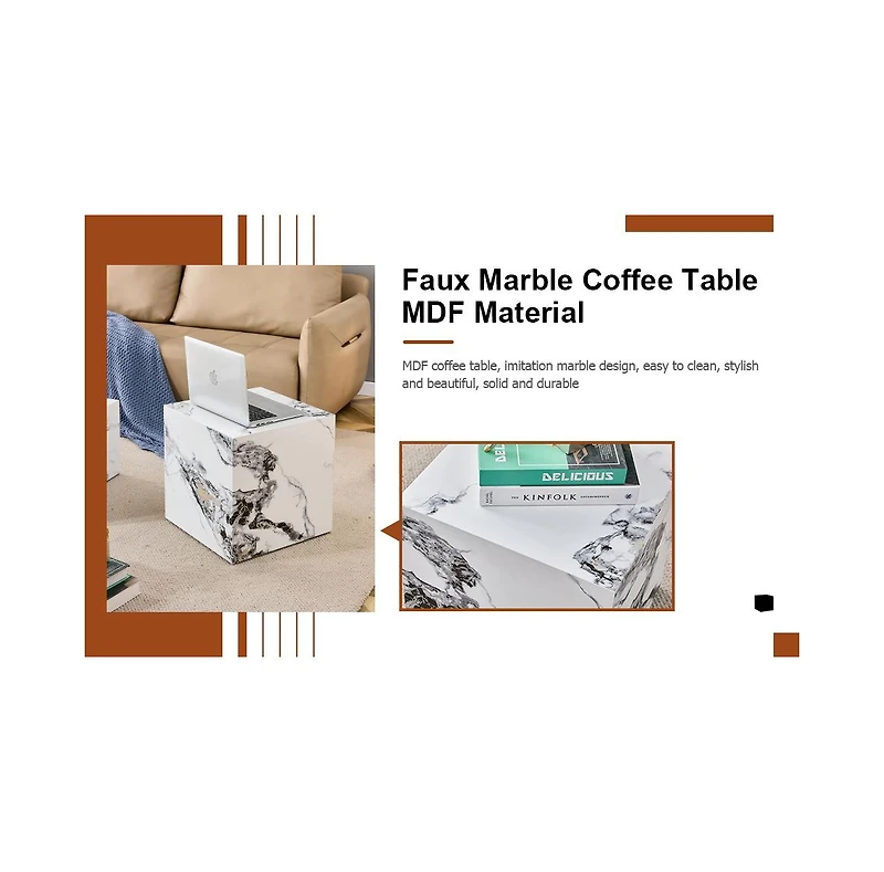 Streamdale Furniture Modern white Mdf+sticker material cube stylish texture design coffee table -15.75 inches