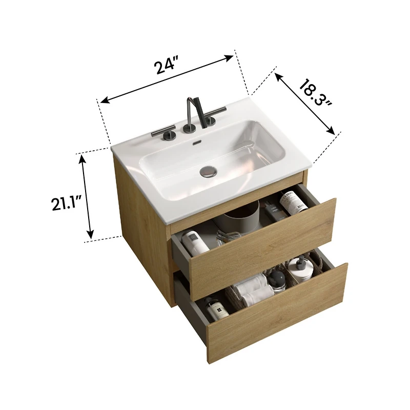 Streamdale 24" Oak Bathroom Vanity Wall Mount, Ceramic Sink, Storage