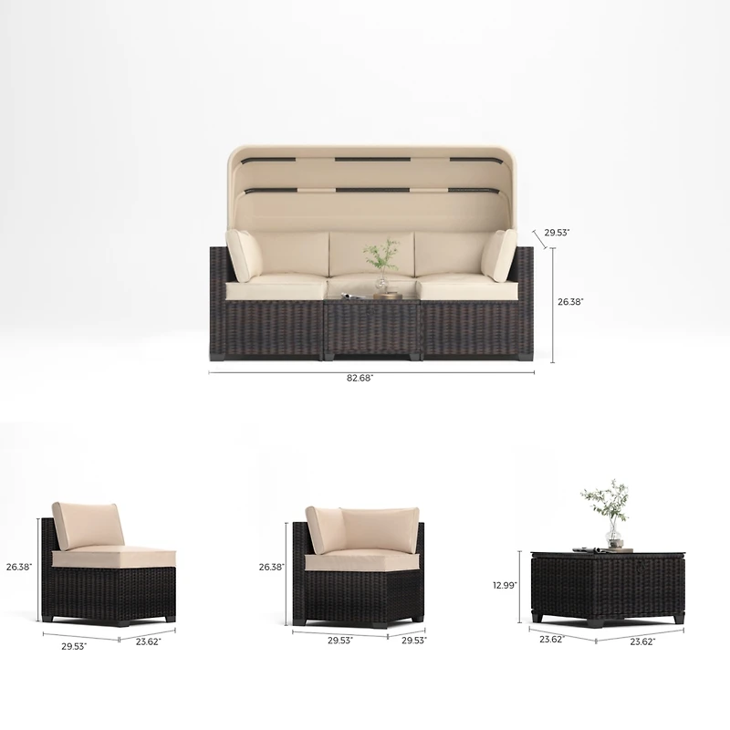 Streamdale 6-Piece Outdoor Rattan Daybed Set with Retractable Canopy