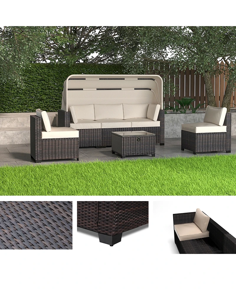 Streamdale 6-Piece Outdoor Rattan Daybed Set with Retractable Canopy