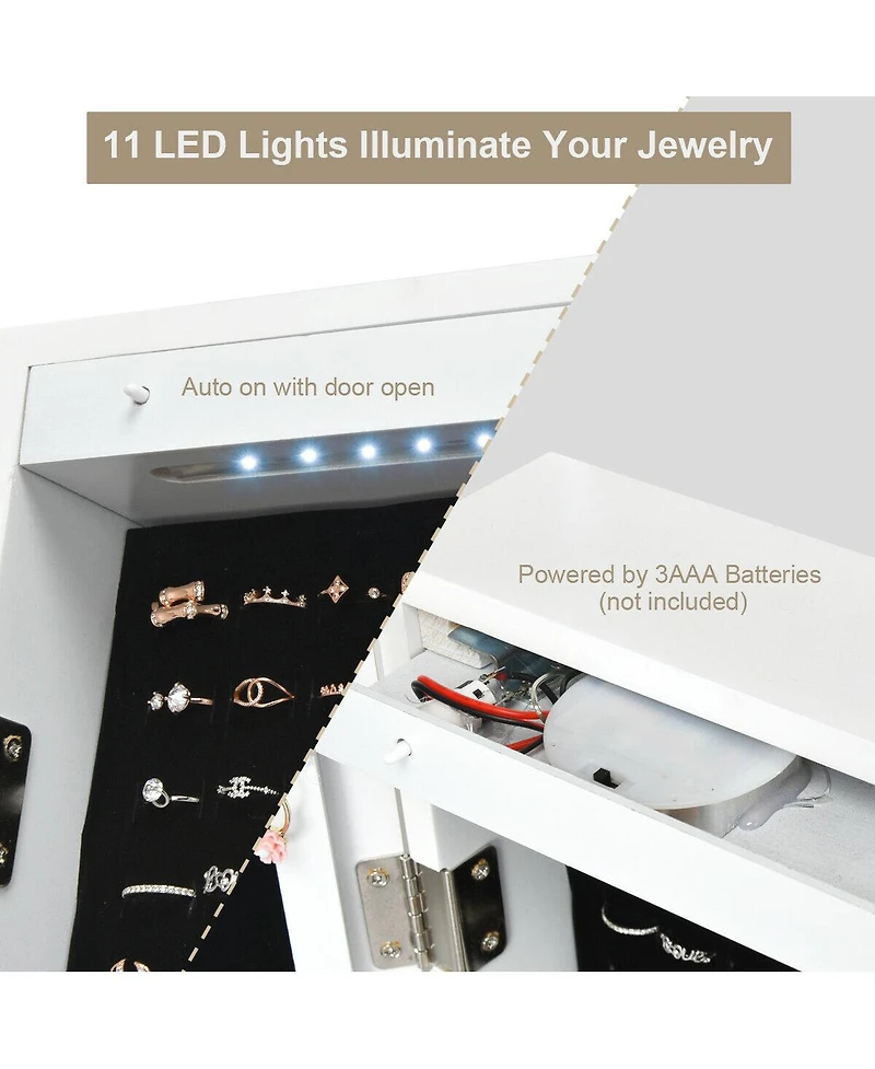 Sugift Wall And Door Mirrored Jewelry Cabinet With Led Light