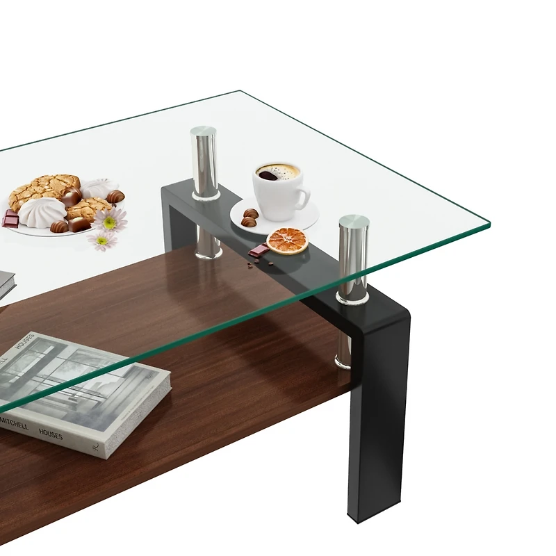 Streamdale Furniture Rectangle Coffee Table, Tempered Glass Tabletop with Mdf Layer, Modern Table for Living Room, Transparent Glass