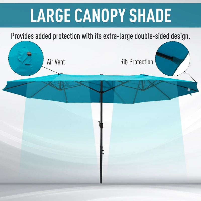 Extra Large 15ft Patio Umbrella, Double-Sided Outdoor Umbrella with Crank Handle and Air Vents for Backyard, Deck, Pool, Market, Blue