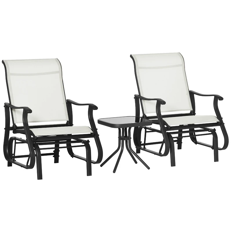 3-Piece Outdoor Gliders Set Bistro Set with Steel Frame, Tempered Glass Top Table for Patio, Garden, Backyard, Lawn, Cream White