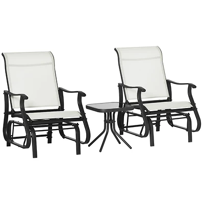 3-Piece Outdoor Gliders Set Bistro Set with Steel Frame, Tempered Glass Top Table for Patio, Garden, Backyard, Lawn, Cream White
