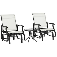 3-Piece Outdoor Gliders Set Bistro Set with Steel Frame, Tempered Glass Top Table for Patio, Garden, Backyard, Lawn, Cream White