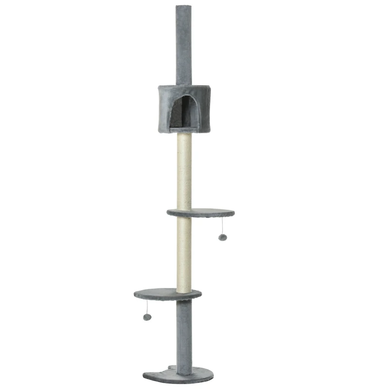 85.5" Cat Tree Height Adjustable Floor-to-Ceiling 4-Tier Kitty Climbing Activity Center Condo Cat Toy with Scratching Post Hanging Balls Play Res
