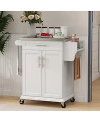 Kitchen Island on Wheels, Rolling Kitchen Cart with Stainless Steel Countertop, Drawer, Towel Rack and Spice Rack, Utility Storage Trolley, Cream Whit