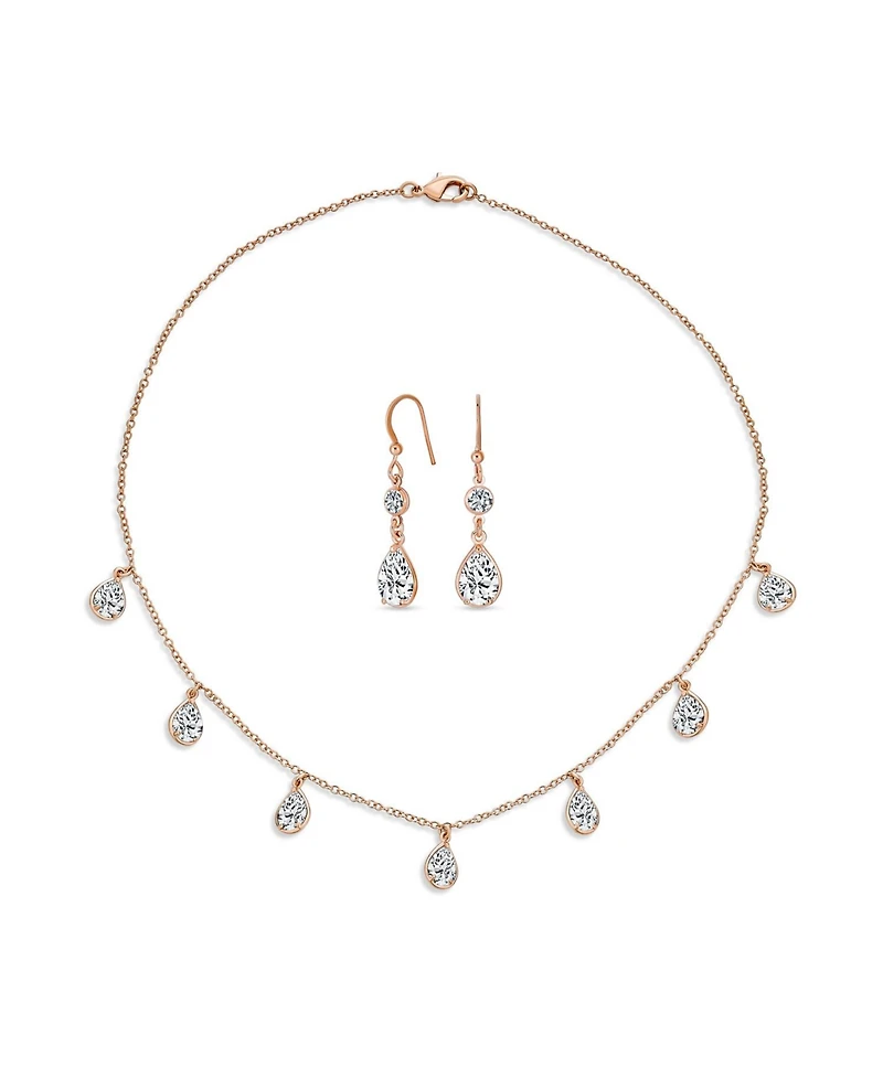 Bling Jewelry Multi Tear Drops Rose Gold Plated Brass Chain Cubic Zirconia Necklace Earrings Set