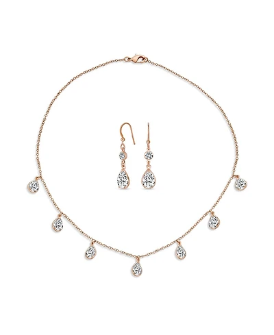 Bling Jewelry Multi Tear Drops Rose Gold Plated Brass Chain Cubic Zirconia Necklace Earrings Set