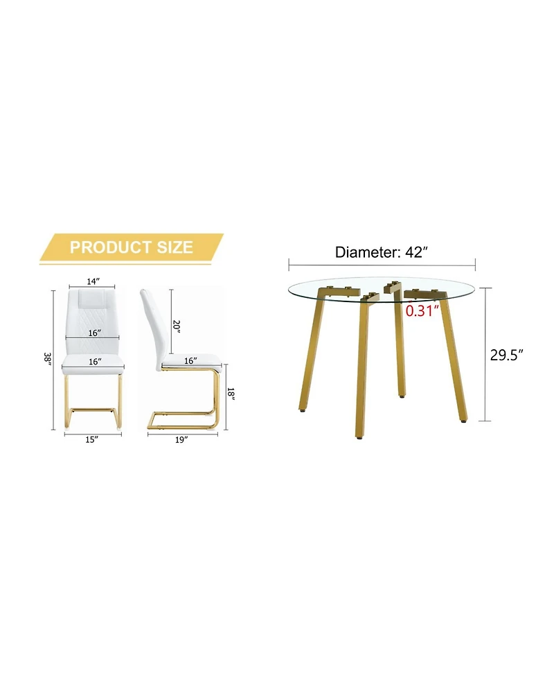 Simplie Fun Table and chair set.a Modern Minimalist Style Round Clear Tempered Glass Table with Metal Legs.Paired with white chairs with Modern Pu Lea