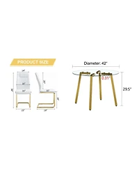 Simplie Fun Table and chair set.a Modern Minimalist Style Round Clear Tempered Glass Table with Metal Legs.Paired with white chairs with Modern Pu Lea