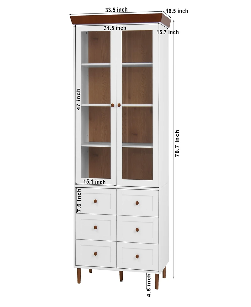 Streamdale Furniture White Mdf Display Storage Cabinet, Tall Kitchen Pantry Cabinets with Glass Doors and Adjustable Shelves, Freestanding Storage Cup
