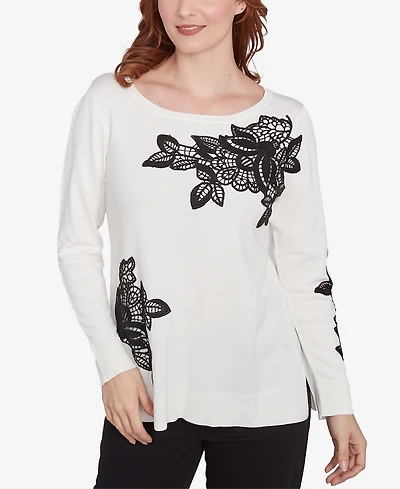 Ruby Rd. Petite Floral Lace Fine Gauge Crew Neck Sweater