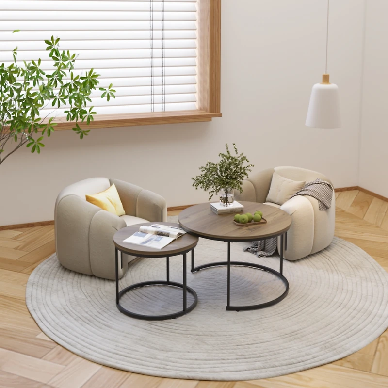 Streamdale Furniture Nesting Coffee Table Set of 2, 27.6inch Round Coffee Table Industrial Wood Finish with Sturdy Metal Frame, End Table Side Tables