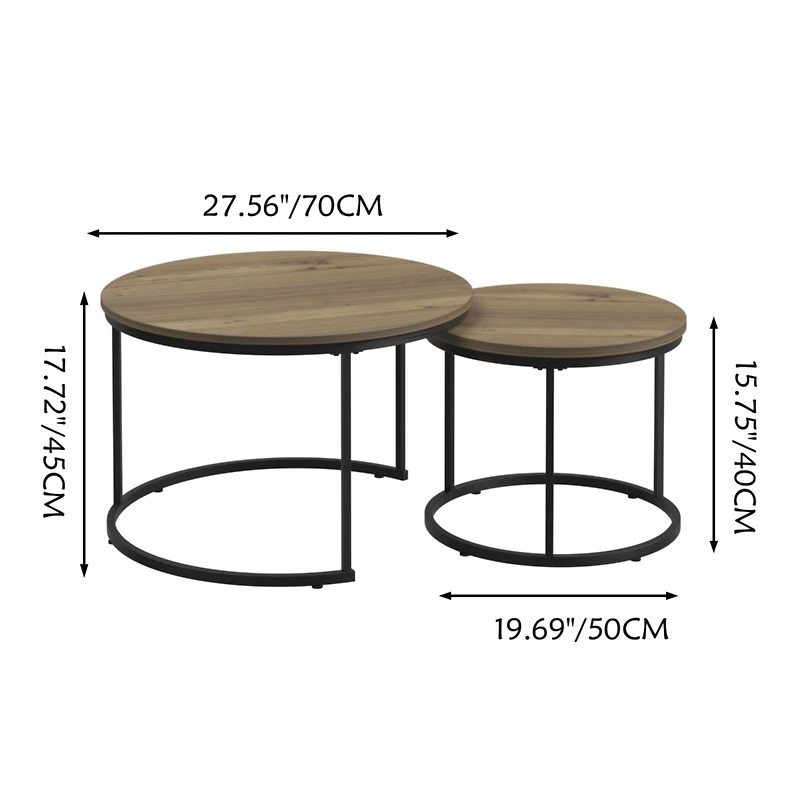 Streamdale Furniture Nesting Coffee Table Set of 2, 27.6inch Round Coffee Table Industrial Wood Finish with Sturdy Metal Frame, End Table Side Tables