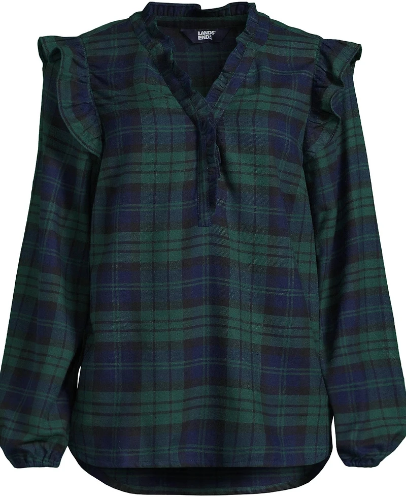 Lands' End Women's Plus Ruffle Front Flannel Popover Blouse