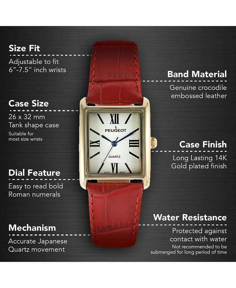 Peugeot Women's Tank Watch Roman Dial Red Leather Strap