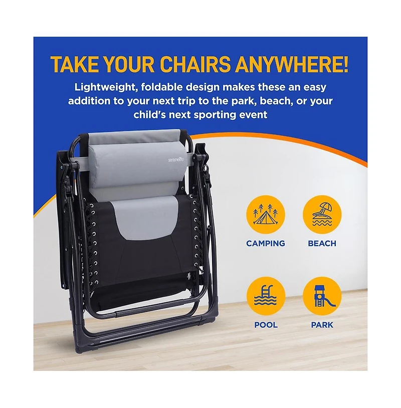 SereneLife Padded Zero Gravity Lawn Chair with Side Table, Gray and Black