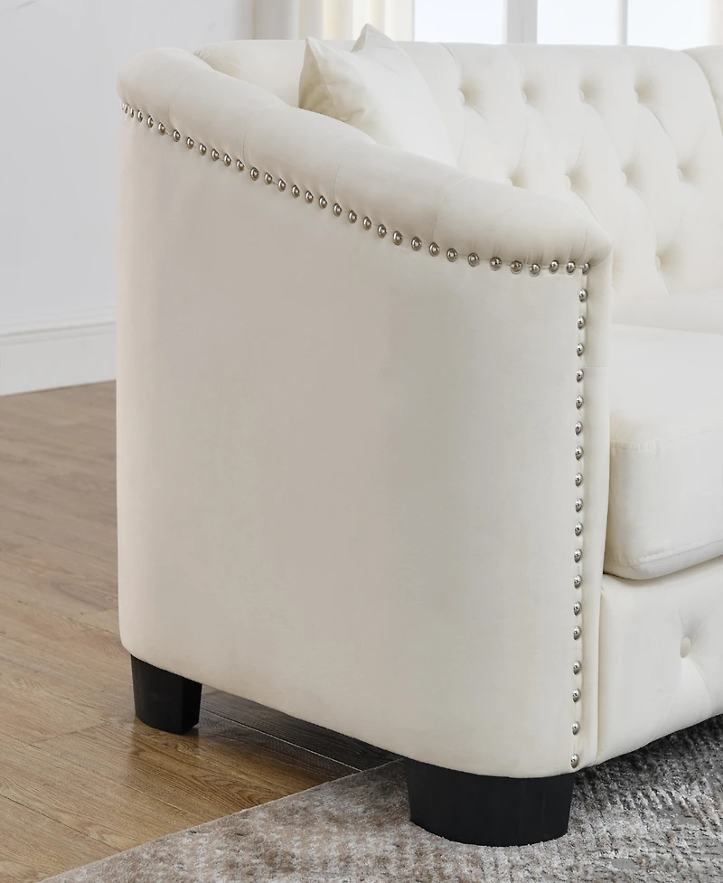 Simplie Fun 77-Inch Modern Chesterfield Velvet Sofa, 3-Seater Sofa, Upholstered Tufted Backrests with Nailhead Arms and 2 Cushions for Living Room, Be