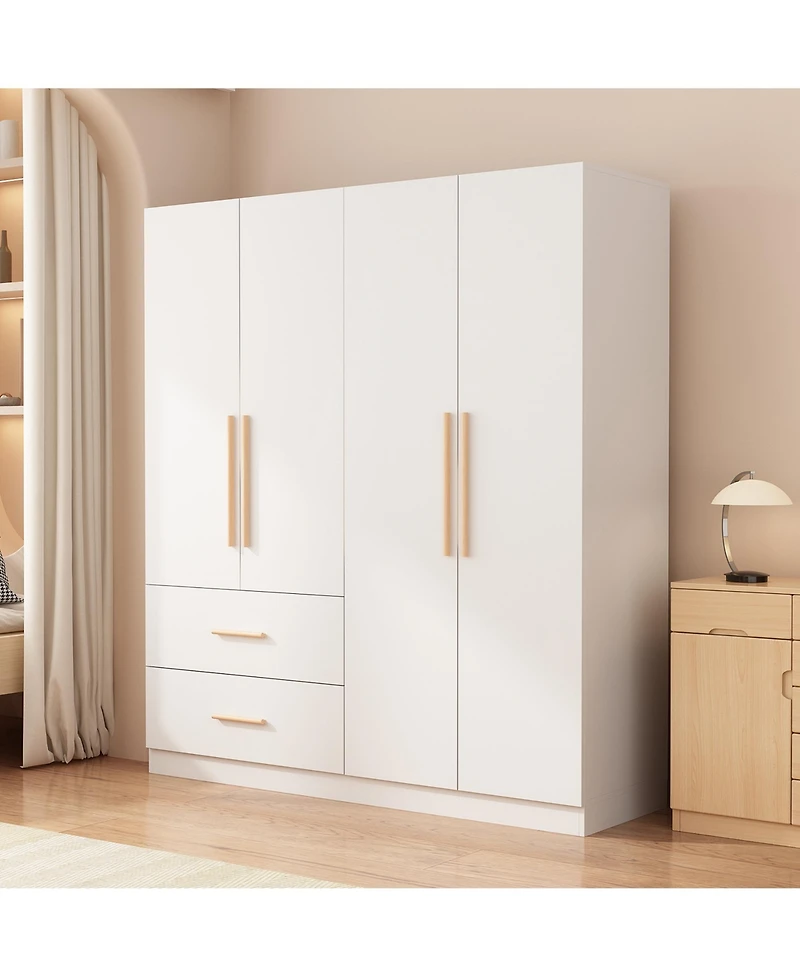 Famapy White 4-Door Big Wardrobe Armoires with Hanging Rods, 2-Drawer