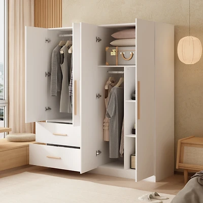 Famapy White 4-Door Big Wardrobe Armoires with Hanging Rods, 2-Drawer