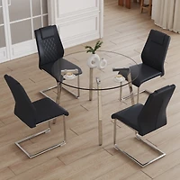 Streamdale Furniture Table and chair set.a Modern Minimalist Style Round Clear Tempered Glass Table with silver Metal Legs.Paired with 4 chairs with M