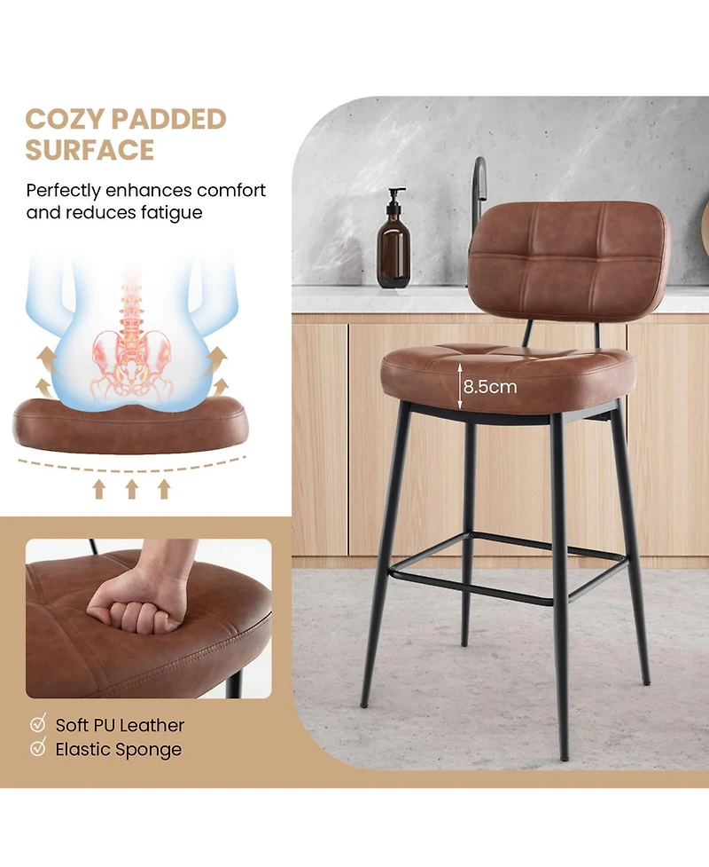 Costway Set of 2 Bar Stools with Padded Seat Footrest & Metal Legs Pu Leather for Kitchen
