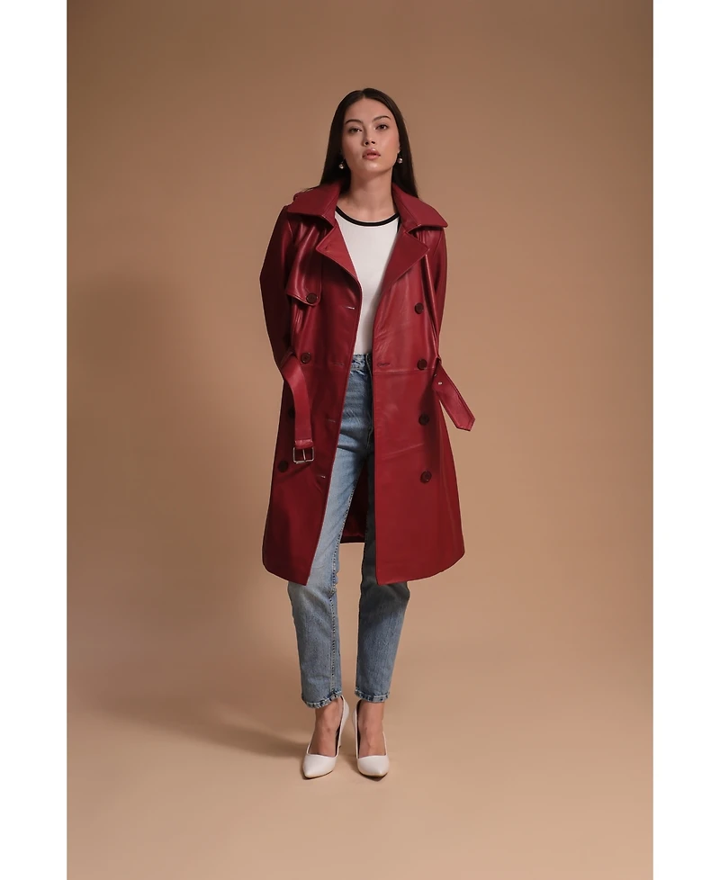 Women's Leather Trench Coat, Burgundy, Created for Macy's