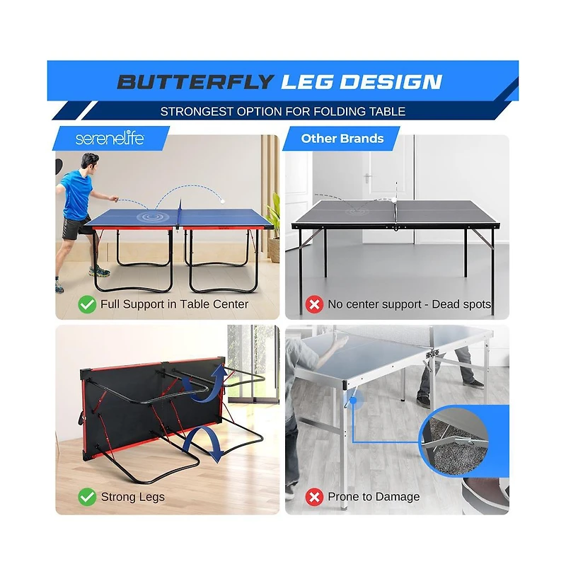 SereneLife Foldable Table Tennis Table with Single Player Playback Mode, Net, and Post