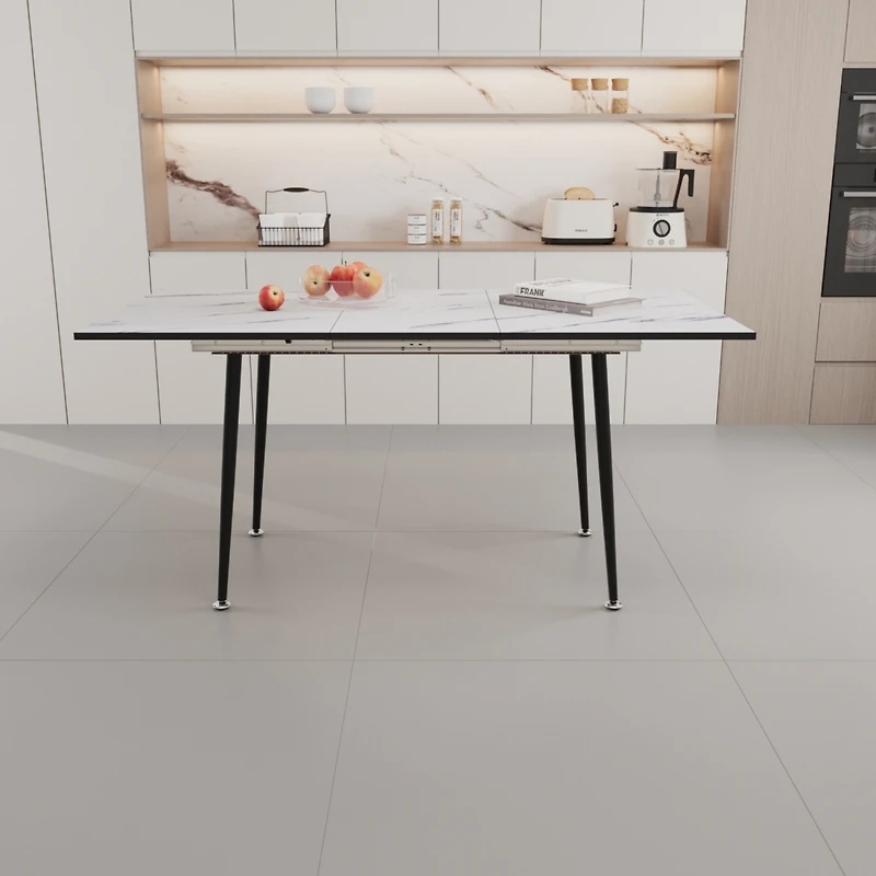 Simplie Fun 63" Mdf square white marble pattern stretchable dining table, modern industrial kitchen and dining table, equipped with tapered black meta