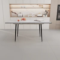 Simplie Fun 63" Mdf square white marble pattern stretchable dining table, modern industrial kitchen and dining table, equipped with tapered black meta