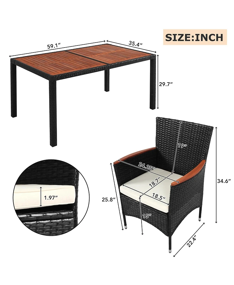 7-Piece Outdoor Patio Dining Set, Garden Pe Rattan Wicker Dining Table and Chairs Set, Acacia Wood Tabletop, Stackable Armrest Chairs with Cushions, R