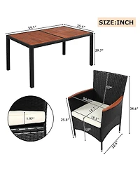 7-Piece Outdoor Patio Dining Set, Garden Pe Rattan Wicker Dining Table and Chairs Set, Acacia Wood Tabletop, Stackable Armrest Chairs with Cushions, R