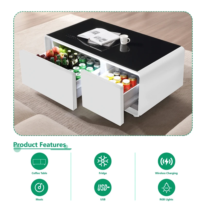 Streamdale Furniture Modern Smart Coffee Table with Built-in Fridge, Bluetooth Speaker, Wireless Charging, Touch Control Panel, Usb Ports, Outlet Prot