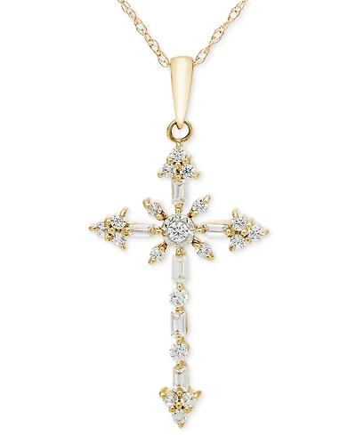 Diamond Round & Baguette Ornate Cross 18" Pendant Necklace (1/4 ct. t.w.) in 14k Two-Tone Gold