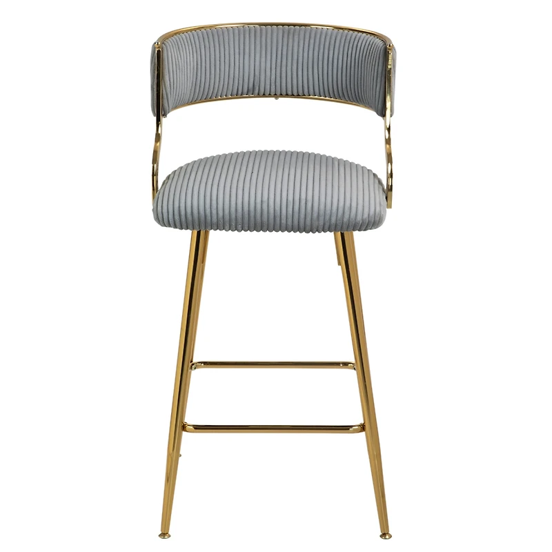 Simplie Fun Set Of 2,26" Counter height bar stools Corduroy kitchen island counter bar stool with back, golden chromed base and footrest (Grey)