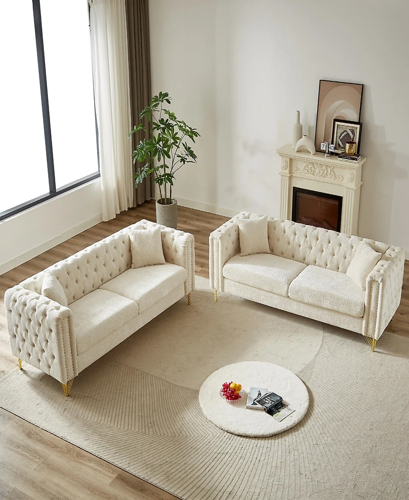 Streamdale Furniture Chenille Pull Buckle Design Sofa for Living Room, Buttons Tufted With Copper Nail Decoration Armrest, Modern Couch Upholstered Bu