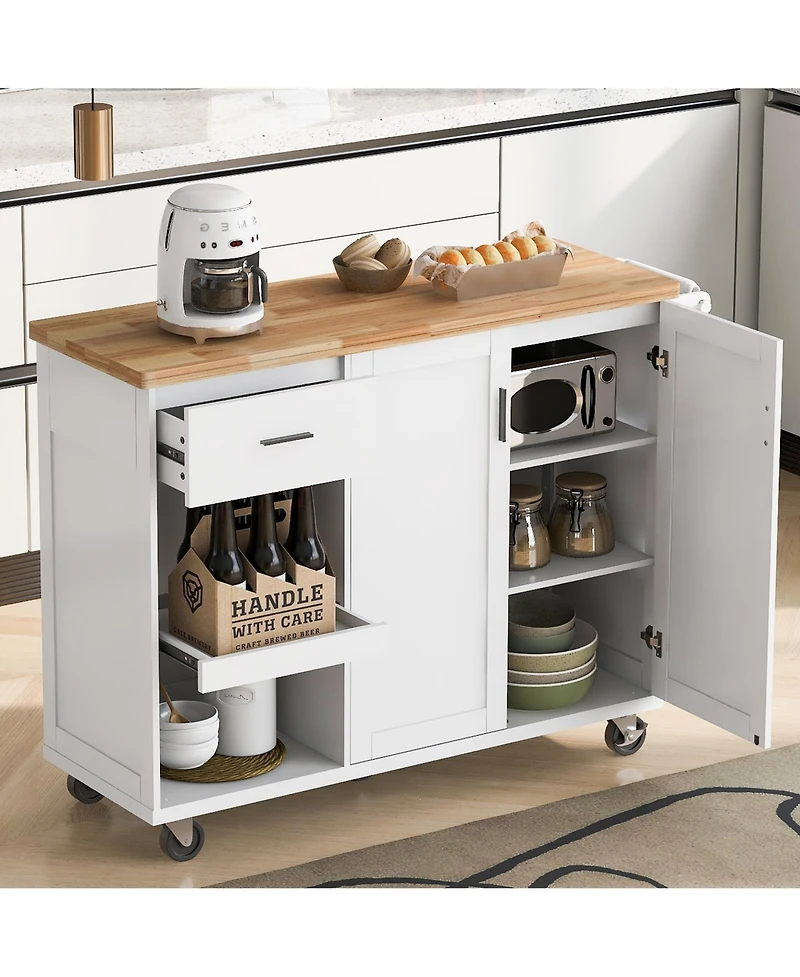 Simplie Fun Kitchen Island with Foldable Counter Top, Kitchen Storage Cart with Slide-Out Shelf, Towel Rack and Drawer, Rolling Kitchen Cart on Wheels