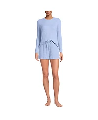 Lands' End Women's Cozy Brushed Rib 2 Piece Pajama Set - Long Sleeve Top and Shorts