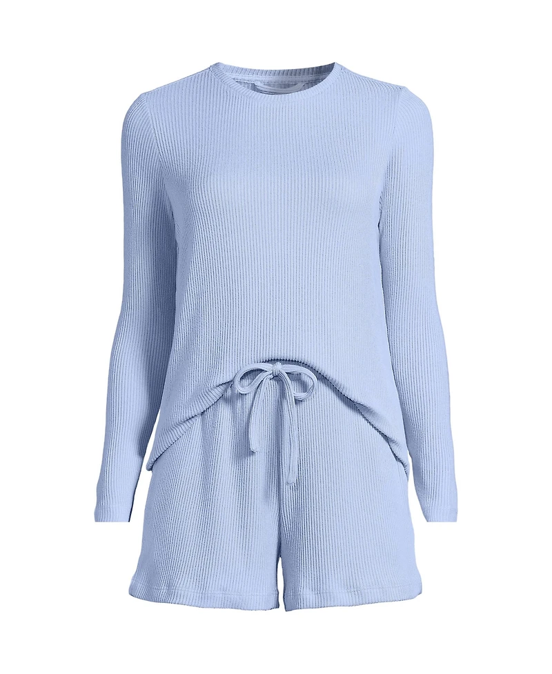 Lands' End Women's Cozy Brushed Rib 2 Piece Pajama Set - Long Sleeve Top and Shorts