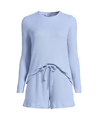 Lands' End Women's Cozy Brushed Rib 2 Piece Pajama Set - Long Sleeve Top and Shorts