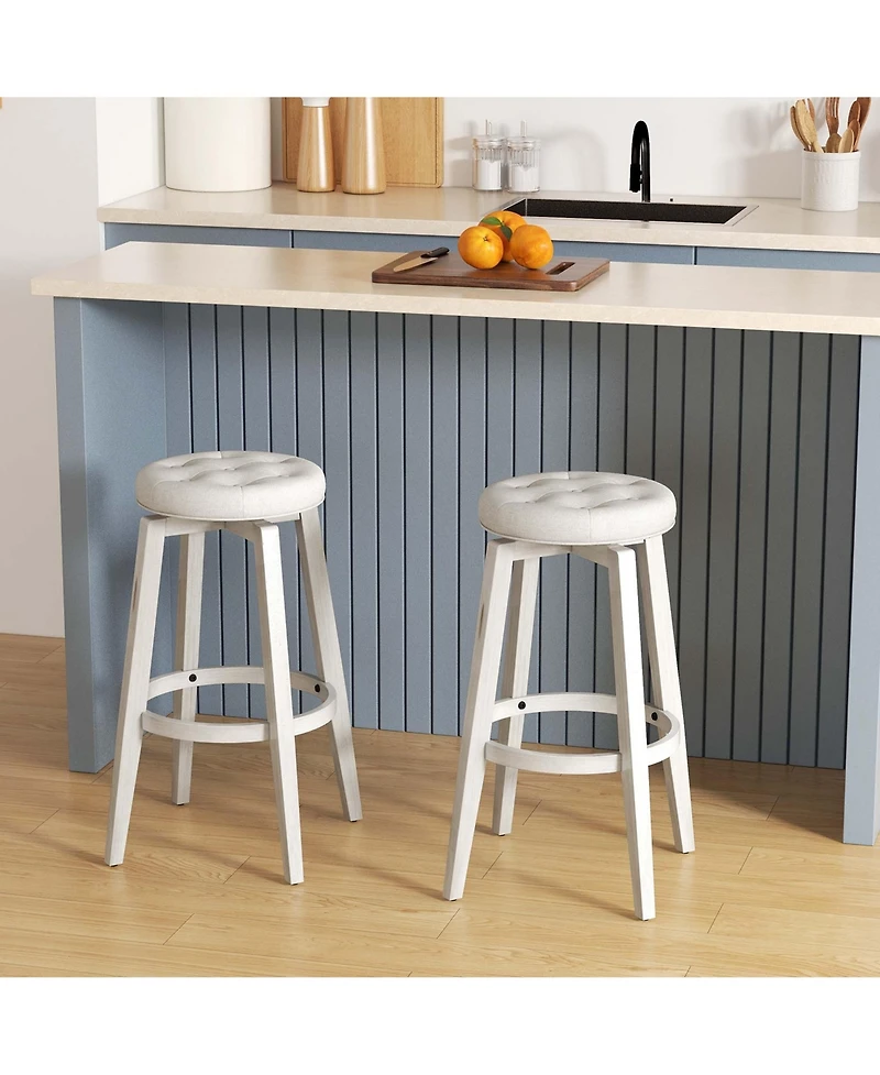 30" Swivel Bar Stool Set of 2 Upholstered Bar Height Rubber Wood Frame